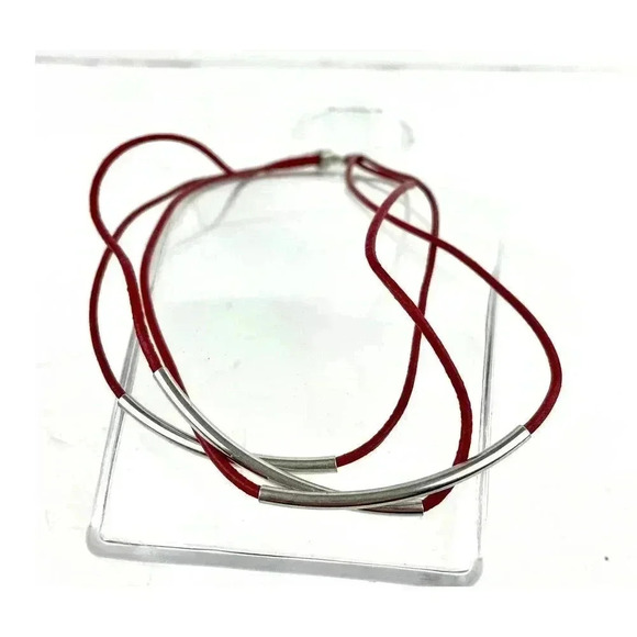 Dark Red Layered Leather Strands Necklace With Metal Accent 15" Layered - Picture 4 of 6